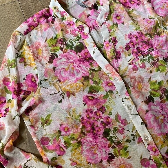 Kut From The Kloth Pink Foral Rose Printed Semi-Sheer Women's Top Blouse(Size M) - Picture 5 of 12
